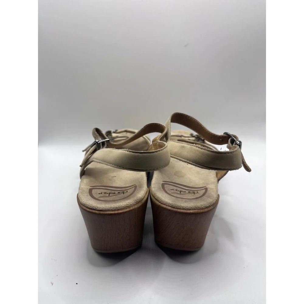 Y2K Dansko Womens Beige Leather Slingback Wedge Sandals Wood Grain Platform